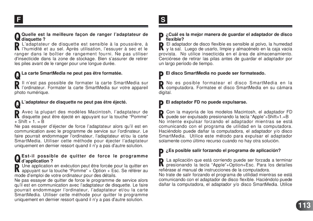 Olympus MAFP-1E manual 113, La carte SmartMedia ne peut pas être formatée 