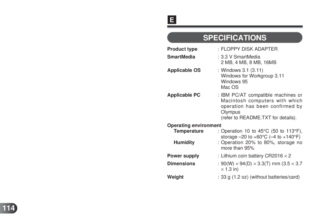 Olympus MAFP-1E manual Specifications, 114 