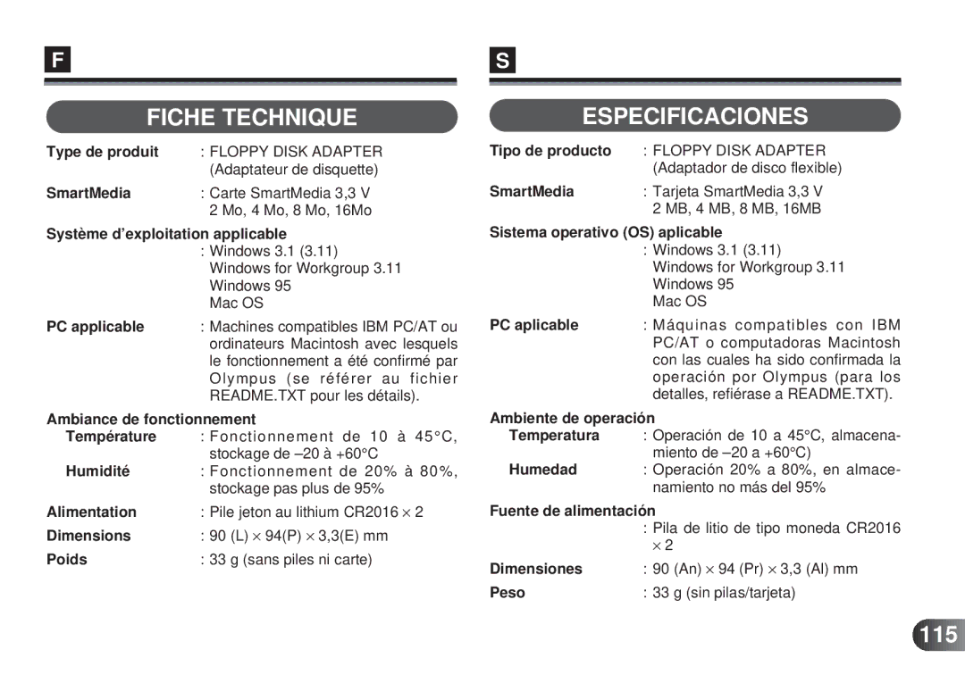Olympus MAFP-1E manual Fiche Technique, Especificaciones, 115 