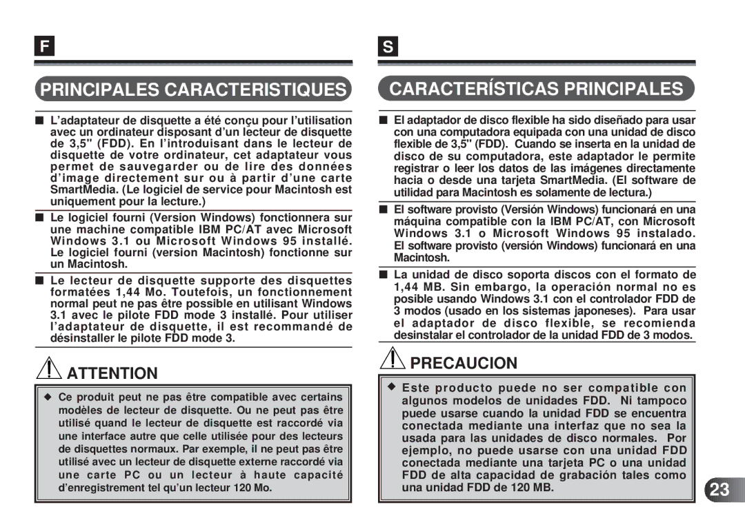 Olympus MAFP-1E manual Principales Caracteristiques Características Principales, Precaucion 