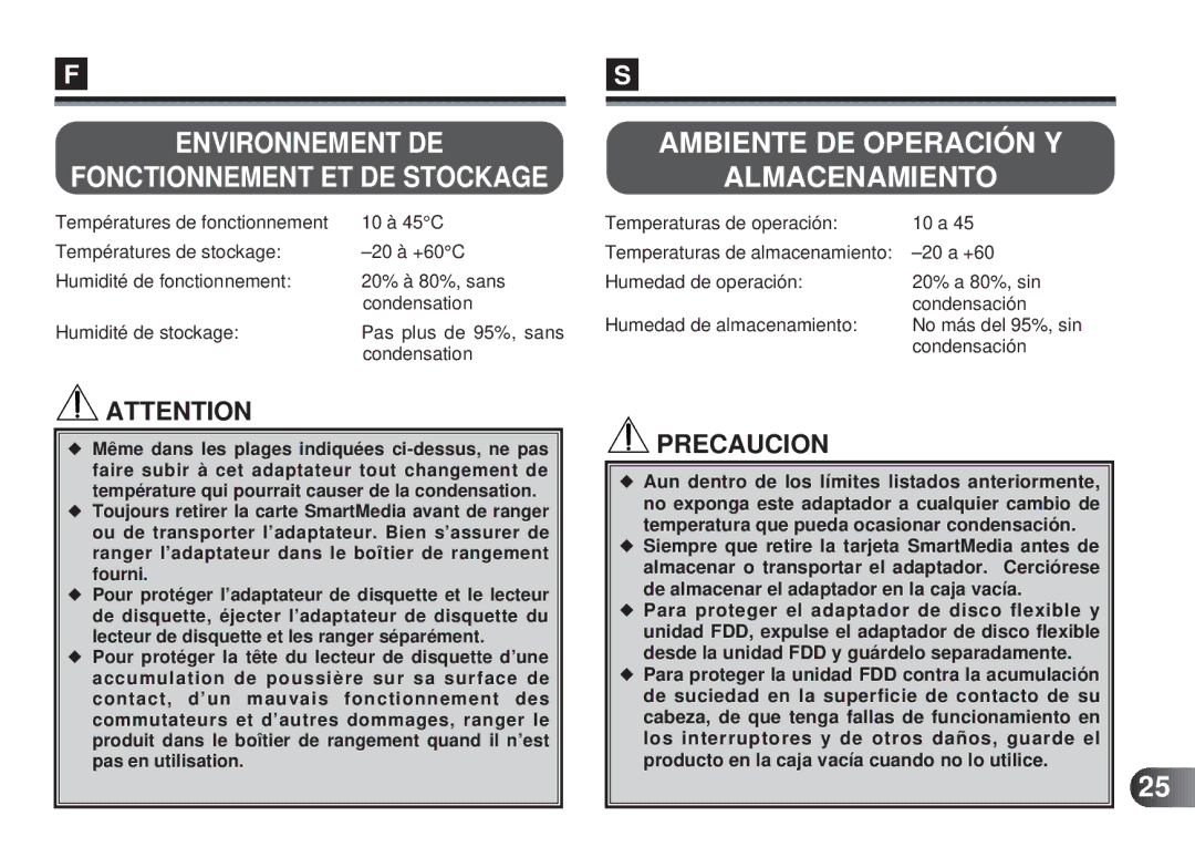 Olympus MAFP-1E manual Environnement DE Fonctionnement ET DE Stockage, Ambiente DE Operación Y Almacenamiento 