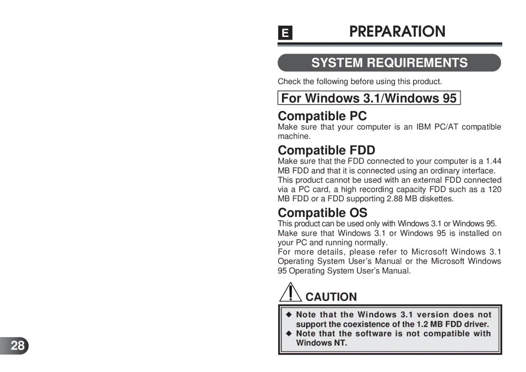 Olympus MAFP-1E manual System Requirements, For Windows 3.1/Windows Compatible PC, Compatible FDD, Compatible OS 