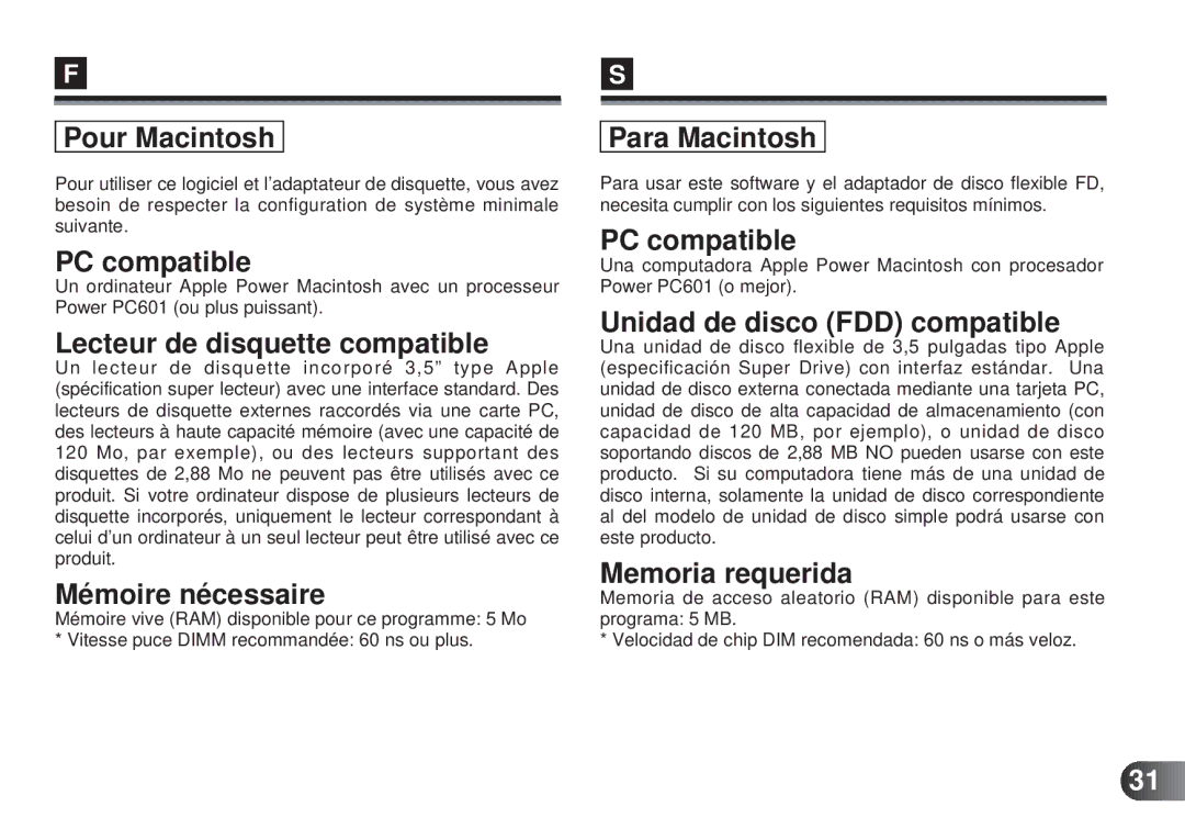 Olympus MAFP-1E Pour Macintosh, Mémoire nécessaire, Para Macintosh, Unidad de disco FDD compatible, Memoria requerida 