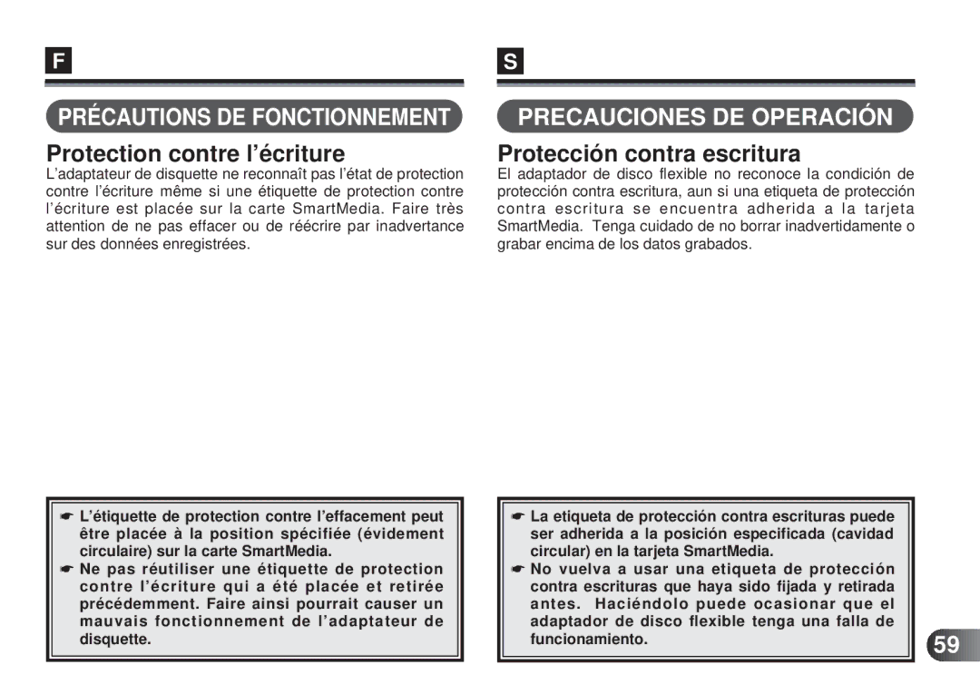 Olympus MAFP-1E manual Précautions DE Fonctionnement, Protection contre l’écriture, Precauciones DE Operación 