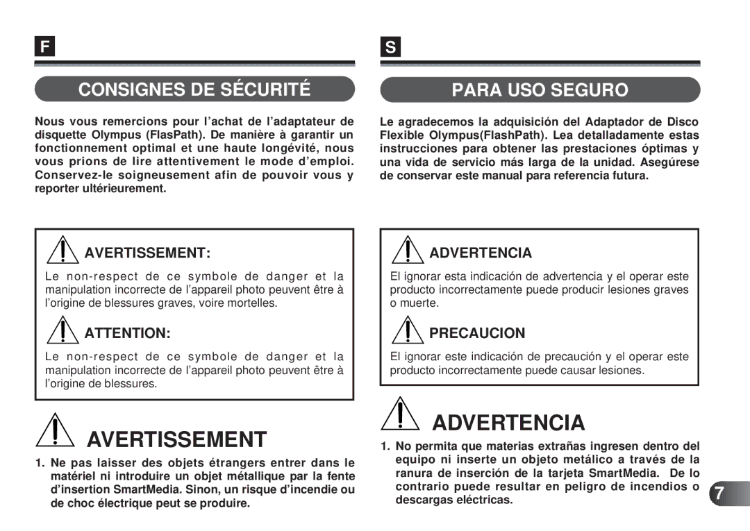 Olympus MAFP-1E manual Consignes DE Sécurité Para USO Seguro, Avertissement 