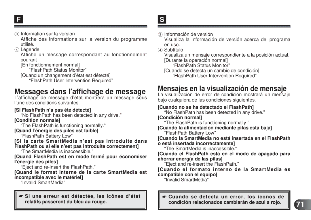 Olympus MAFP-1E manual Messages dans l’affichage de message, Mensajes en la visualización de mensaje 