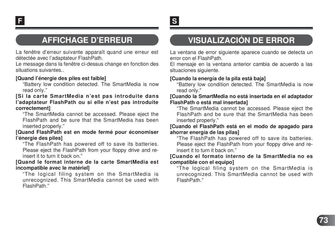 Olympus MAFP-1E manual Affichage D’ERREUR Visualización DE Error, Quand l’énergie des piles est faible 