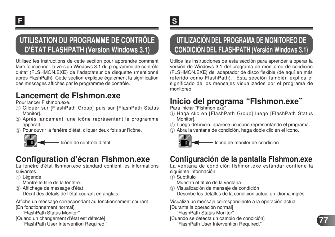 Olympus MAFP-1E manual Lancement de Flshmon.exe, Configuration d’écran Flshmon.exe, Inicio del programa Flshmon.exe 