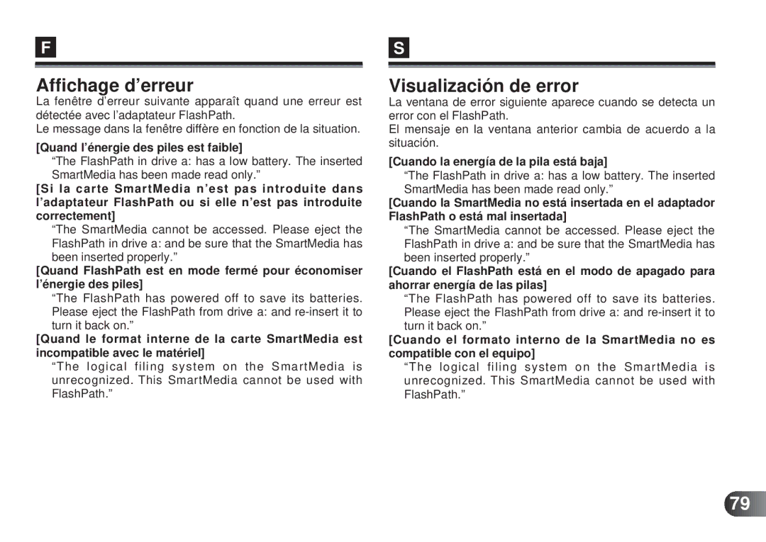 Olympus MAFP-1E manual Affichage d’erreur, Visualización de error 