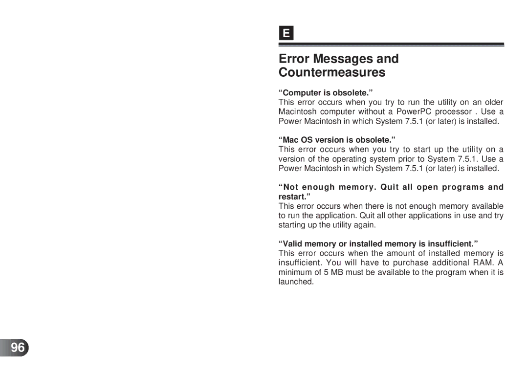 Olympus MAFP-1E manual Error Messages Countermeasures, Computer is obsolete, Mac OS version is obsolete 
