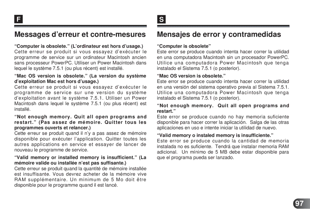 Olympus MAFP-1E manual Messages d’erreur et contre-mesures, Mensajes de error y contramedidas 