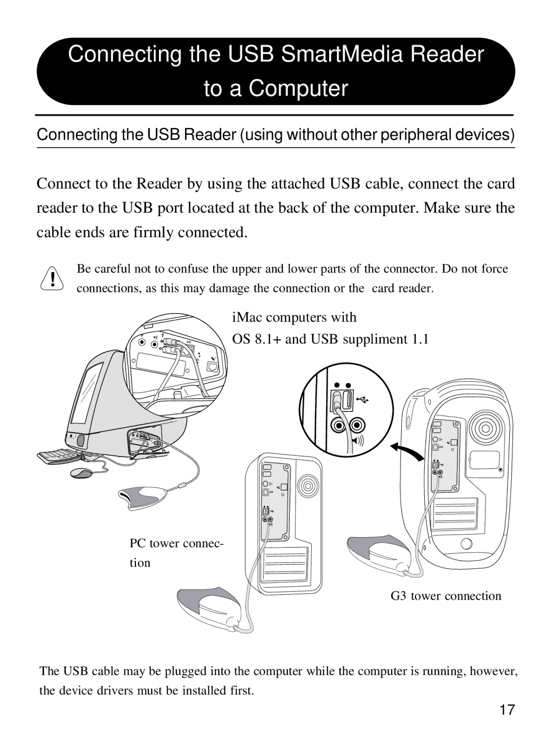 Olympus MAUSB-1 user manual Connecting the USB SmartMedia Reader To a Computer 