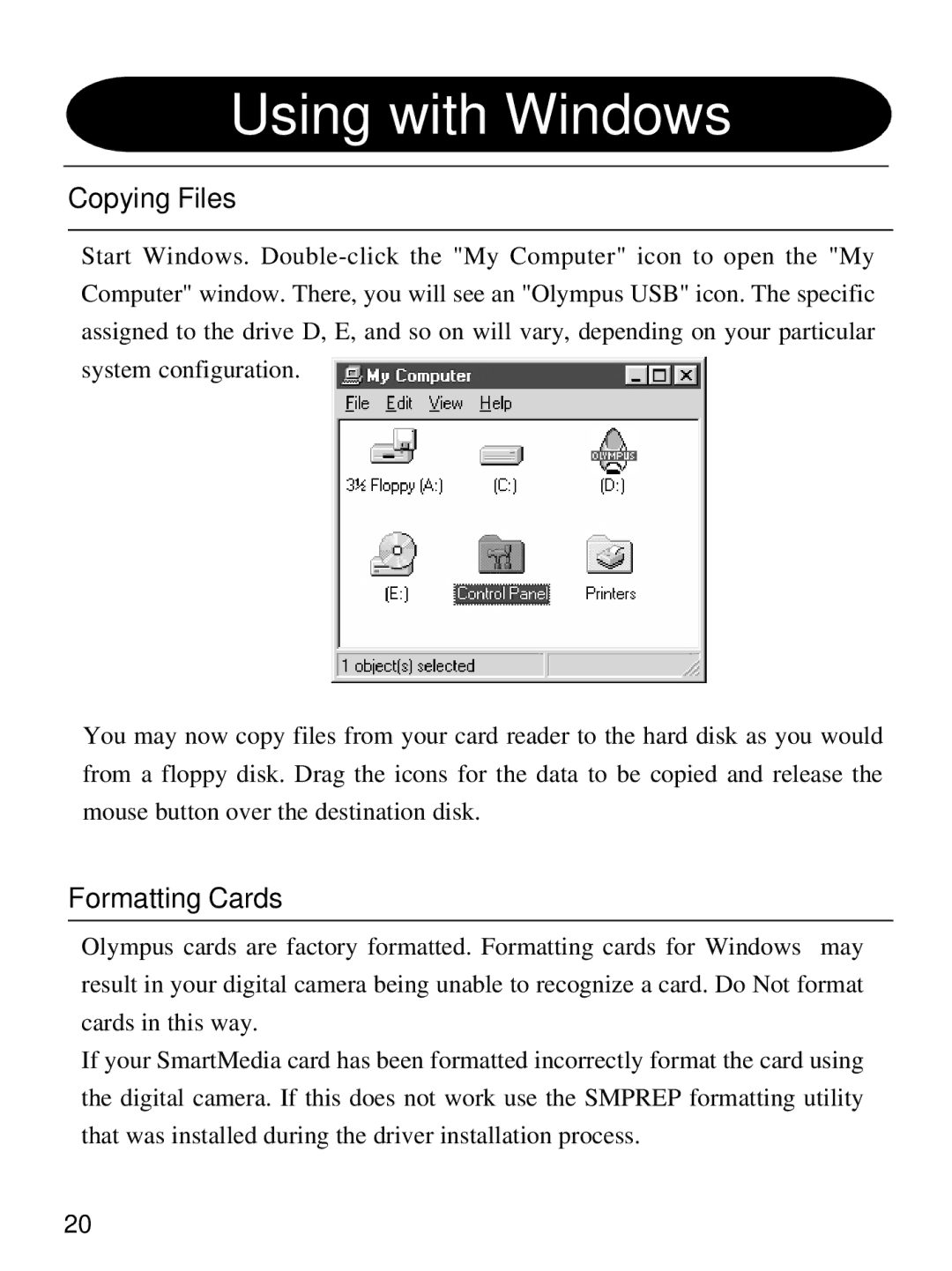 Olympus MAUSB-1 user manual Using with Windows, Copying Files, Formatting Cards 