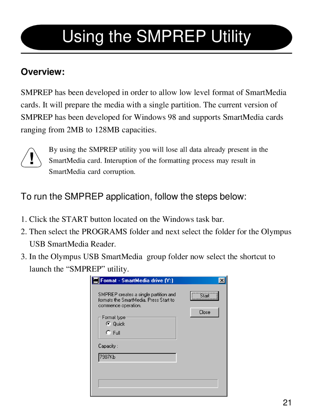 Olympus MAUSB-1 user manual Using the Smprep Utility, To run the Smprep application, follow the steps below 