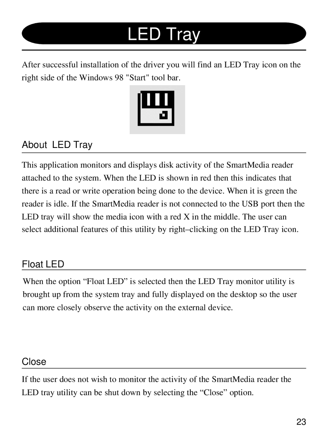 Olympus MAUSB-1 user manual About LED Tray, Float LED, Close 