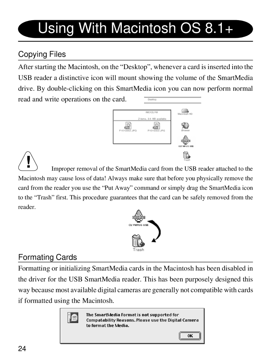 Olympus MAUSB-1 user manual Using With Macintosh OS 8.1+, Formating Cards 