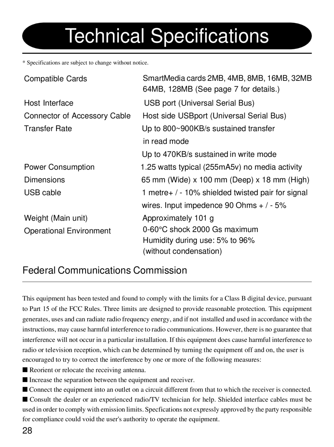 Olympus MAUSB-1 user manual Technical Specifications, Federal Communications Commission 