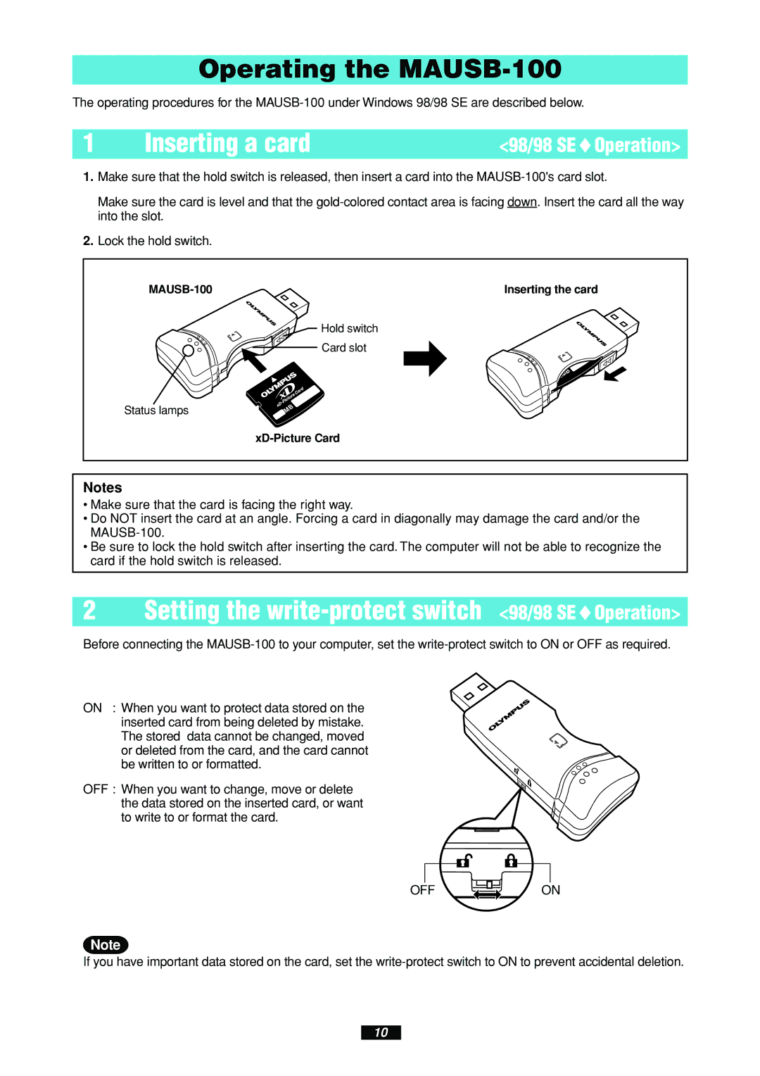 Olympus MAUSB-100 manual Inserting a card, Setting the write-protect switch 98/98 SEOperation, 98/98 SE Operation 