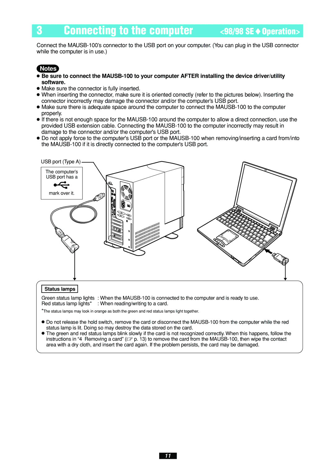 Olympus MAUSB-100 manual Connecting to the computer, 98/98 SEOperation 