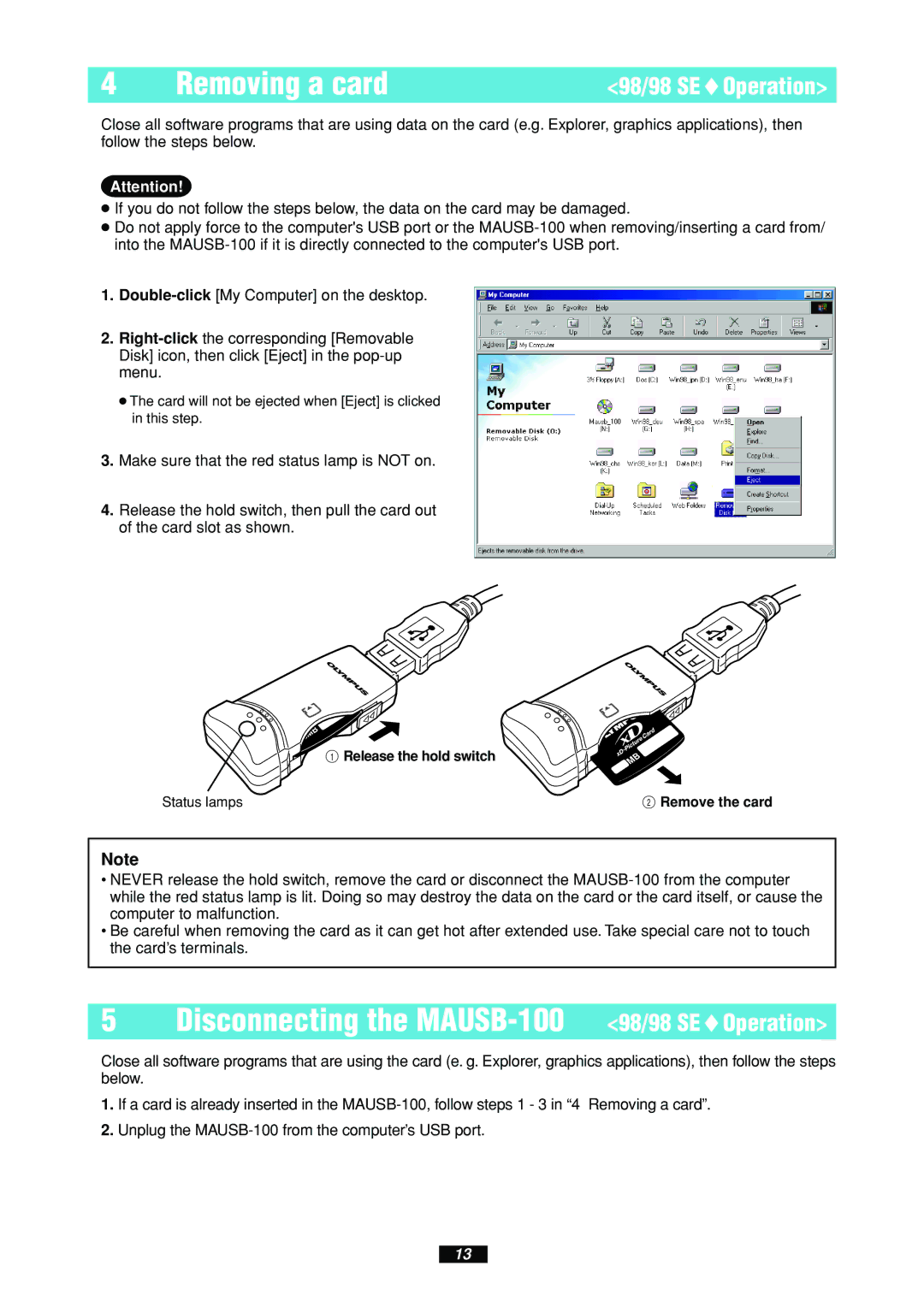 Olympus manual Removing a card, Disconnecting the MAUSB-100 98/98 SEOperation 