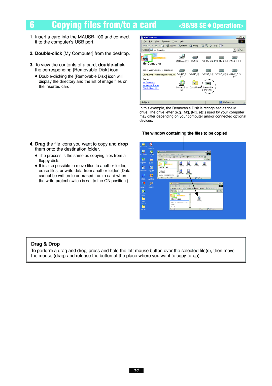 Olympus MAUSB-100 manual Copying files from/to a card, Drag & Drop 