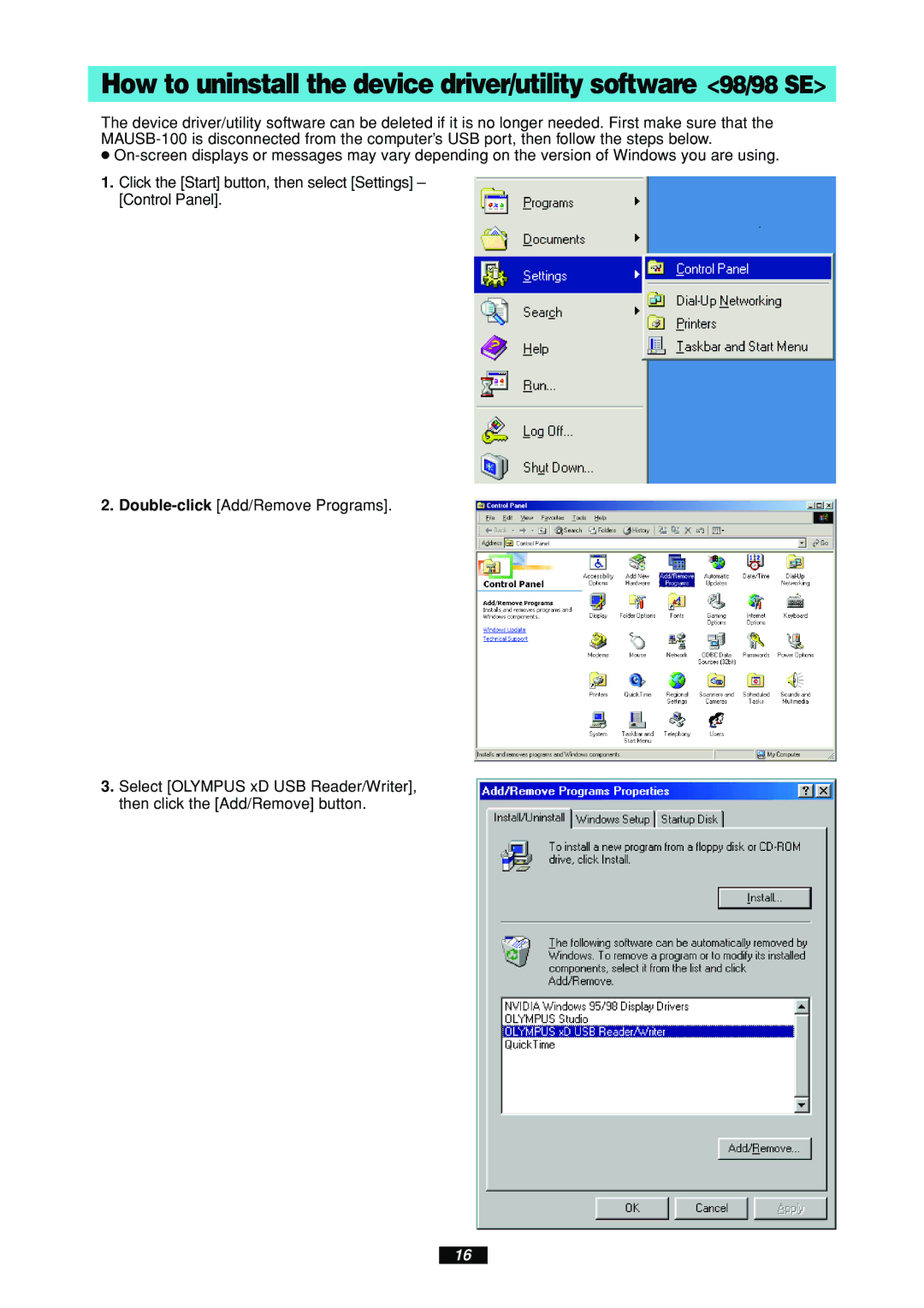 Olympus MAUSB-100 manual How to uninstall the device driver/utility software 98/98 SE 