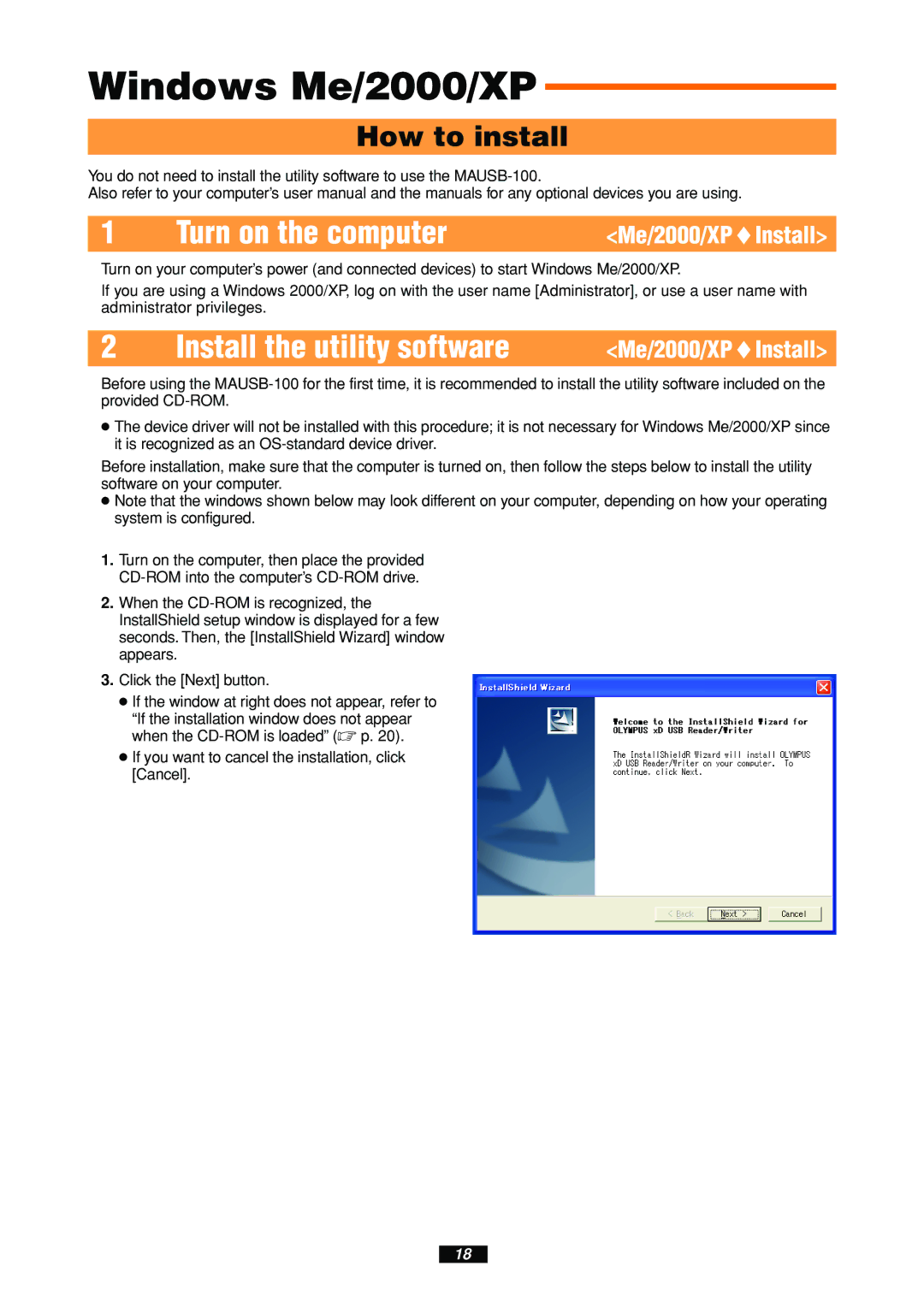 Olympus MAUSB-100 manual Windows Me/2000/XP, Install the utility software 