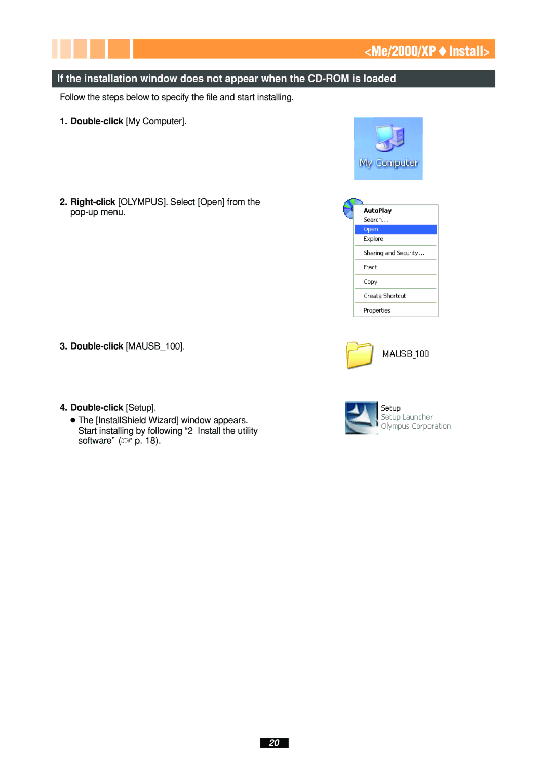 Olympus MAUSB-100 manual Double-click MAUSB100 Double-click Setup 