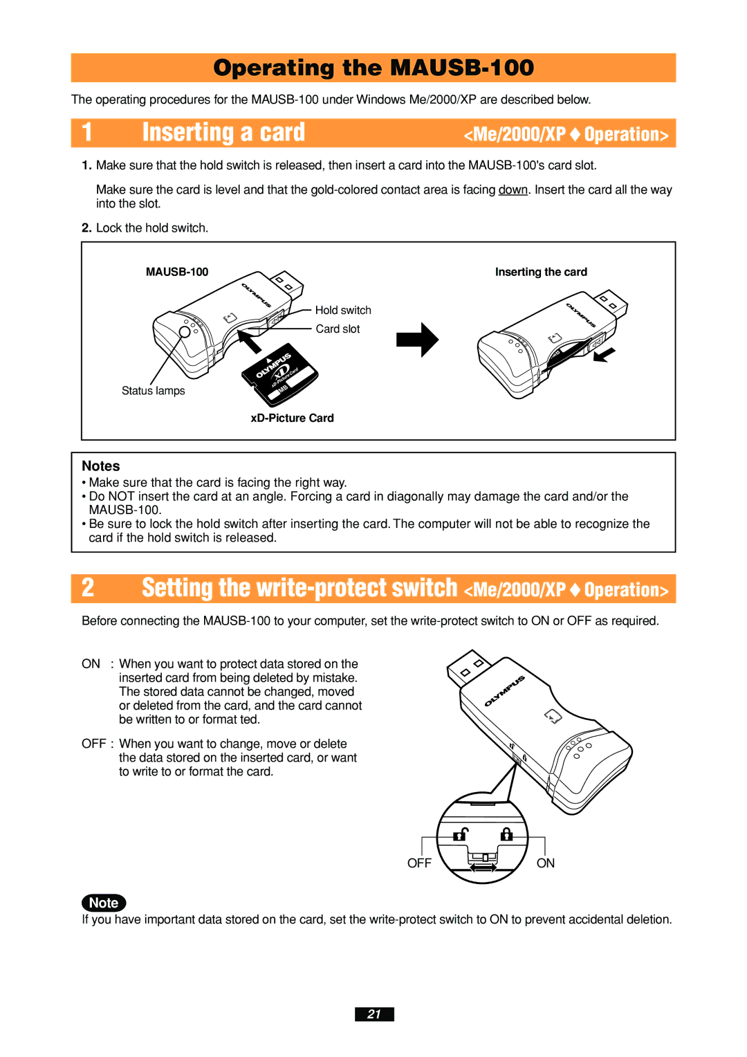 Olympus MAUSB-100 manual Setting the write-protect switch Me/2000/XPOperation, Me/2000/XP Operation 