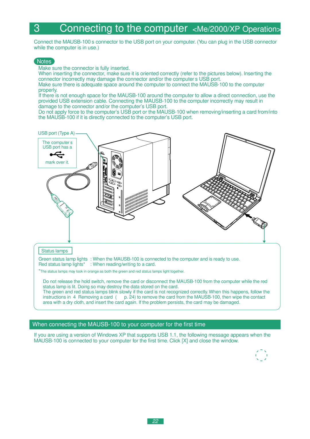 Olympus MAUSB-100 manual Connecting to the computer Me/2000/XP  Operation 