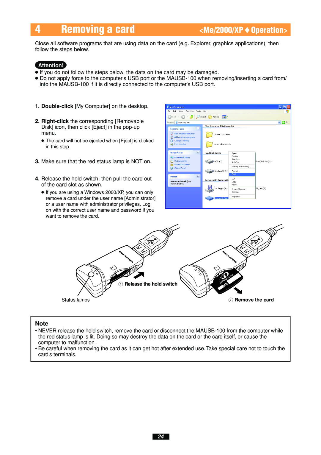 Olympus MAUSB-100 manual Removing a card, Me/2000/XPOperation 