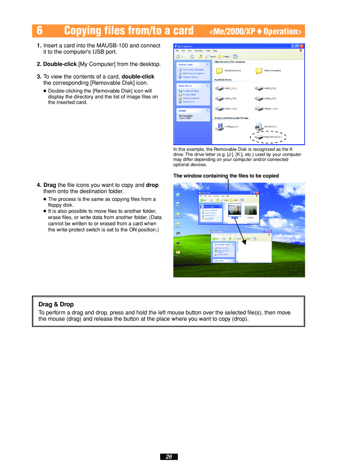 Olympus MAUSB-100 manual Copying files from/to a card Me/2000/XPOperation 