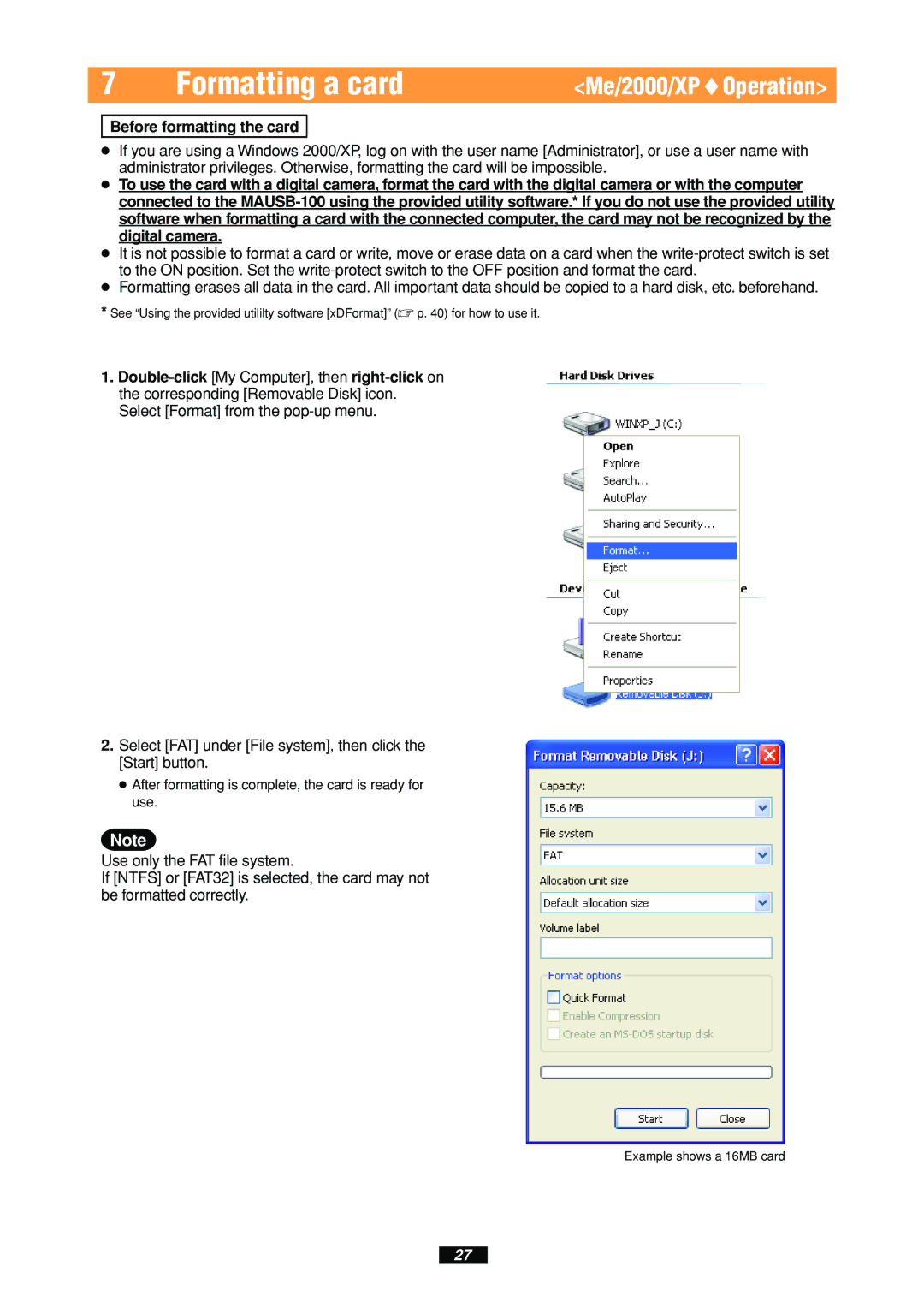 Olympus MAUSB-100 manual Formatting a card, Before formatting the card 