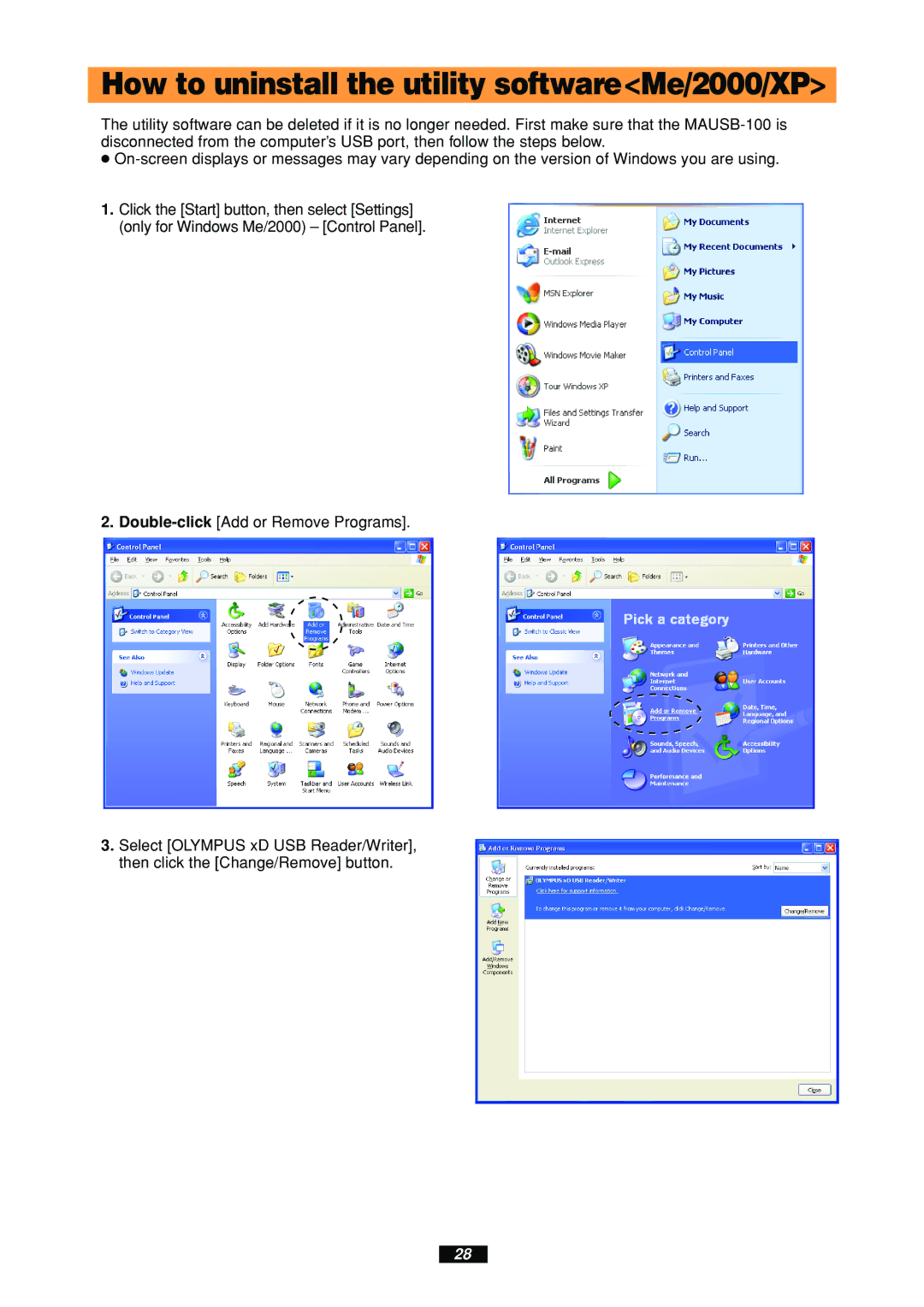 Olympus MAUSB-100 manual How to uninstall the utility softwareMe/2000/XP 