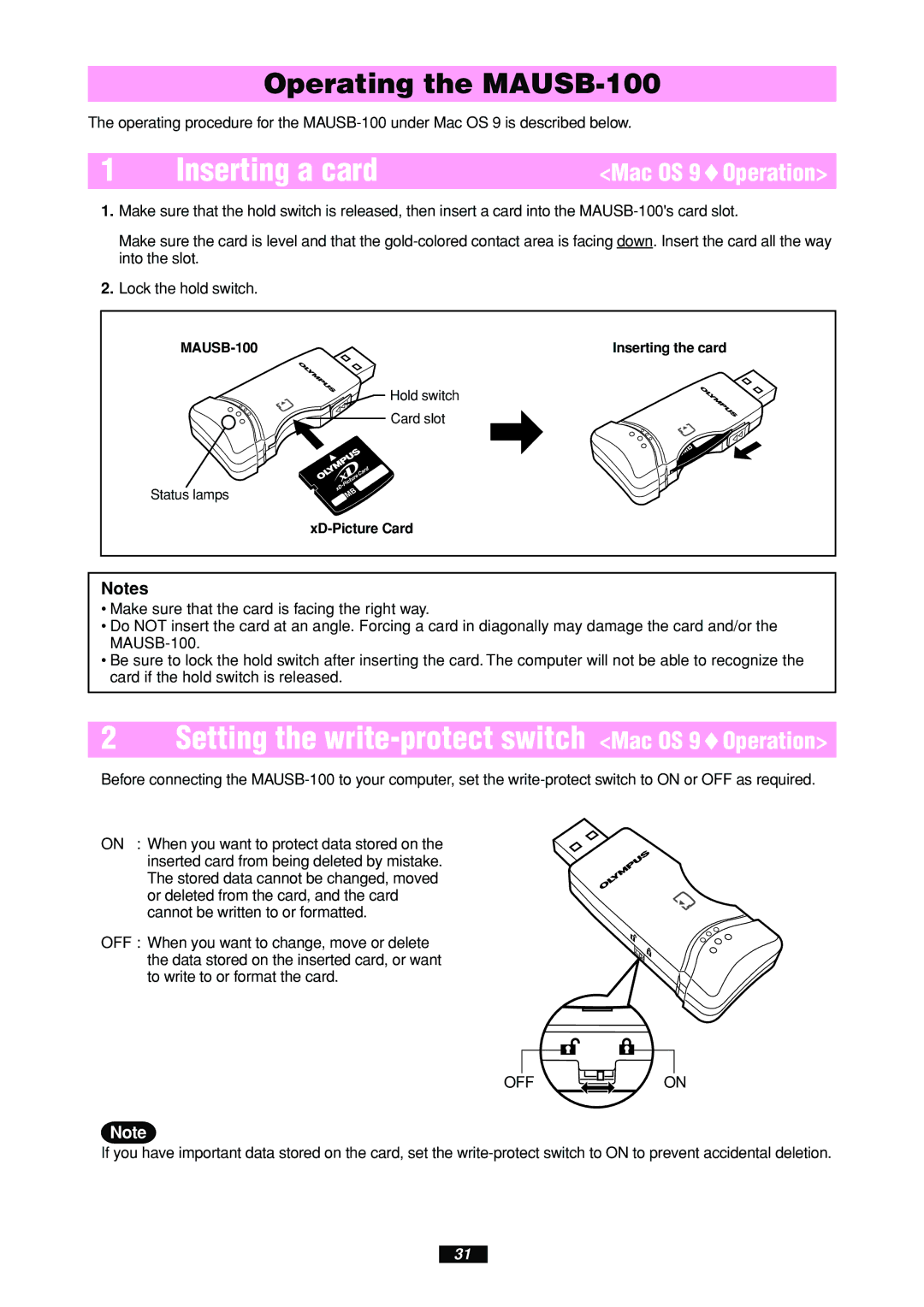 Olympus MAUSB-100 manual Setting the write-protect switch Mac OS 9Operation, Mac OS 9 Operation 