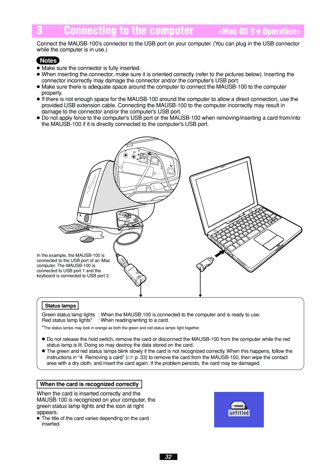 Olympus MAUSB-100 manual Mac OS 9Operation, When the card is recognized correctly 