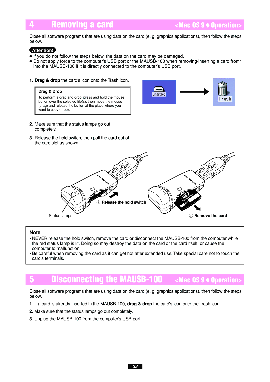 Olympus manual Disconnecting the MAUSB-100 Mac OS 9Operation, Drag & Drop 