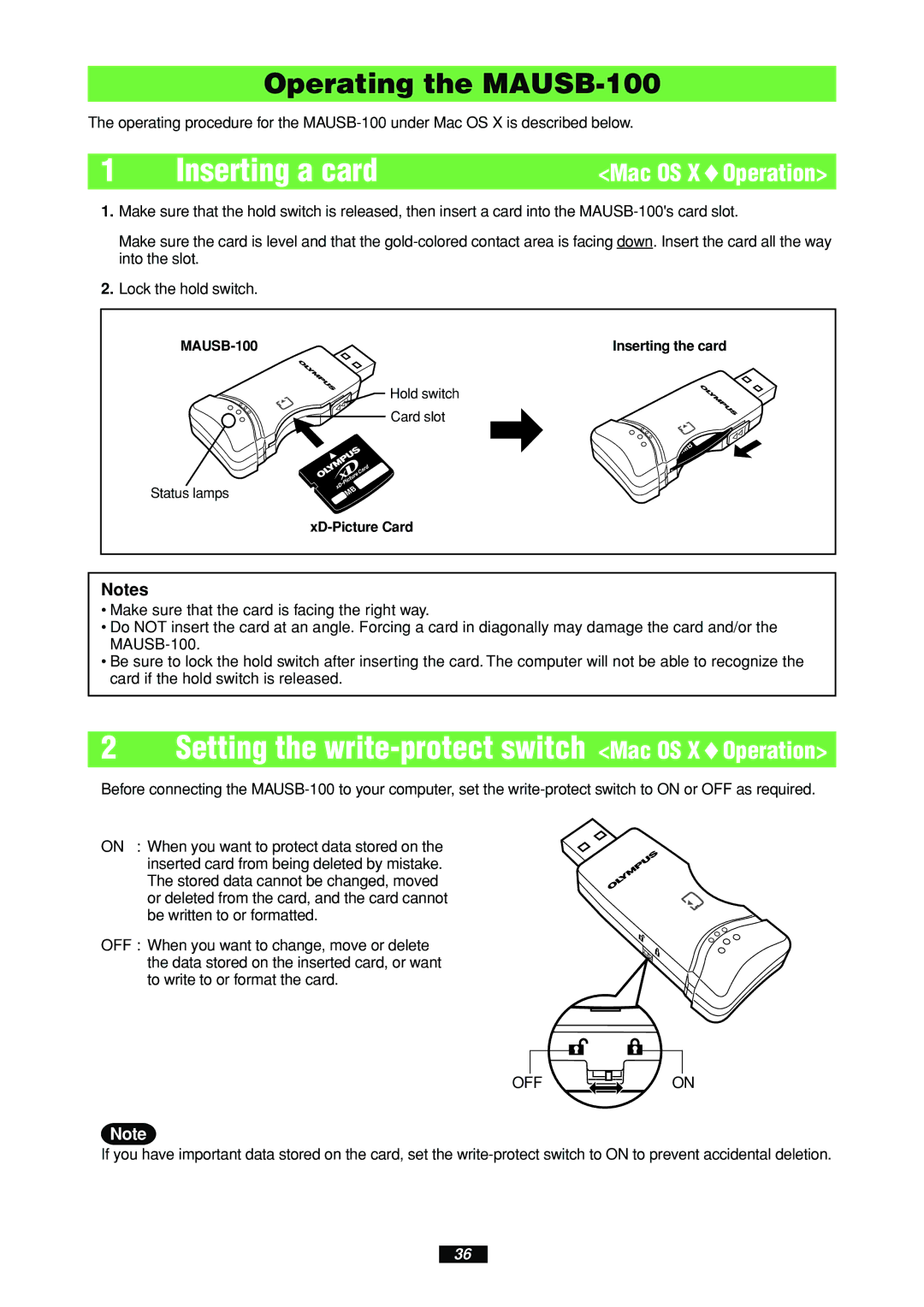 Olympus MAUSB-100 manual Setting the write-protect switch Mac OS XOperation, Mac OS X Operation 