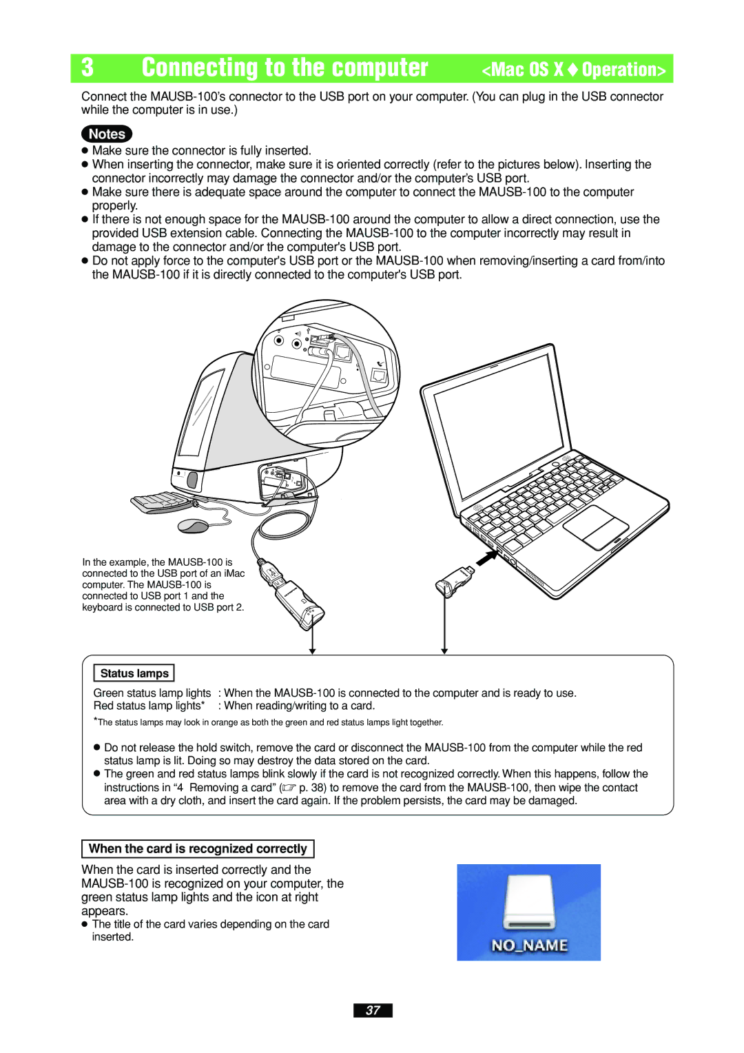 Olympus MAUSB-100 manual Mac OS XOperation, When the card is recognized correctly 