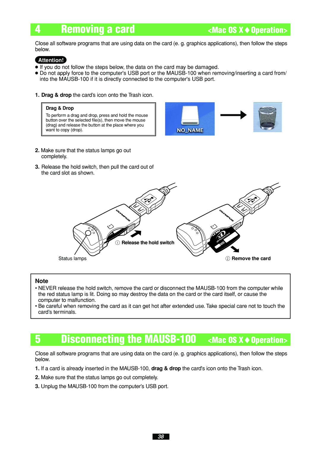 Olympus manual Removing a card, Disconnecting the MAUSB-100 Mac OS XOperation 