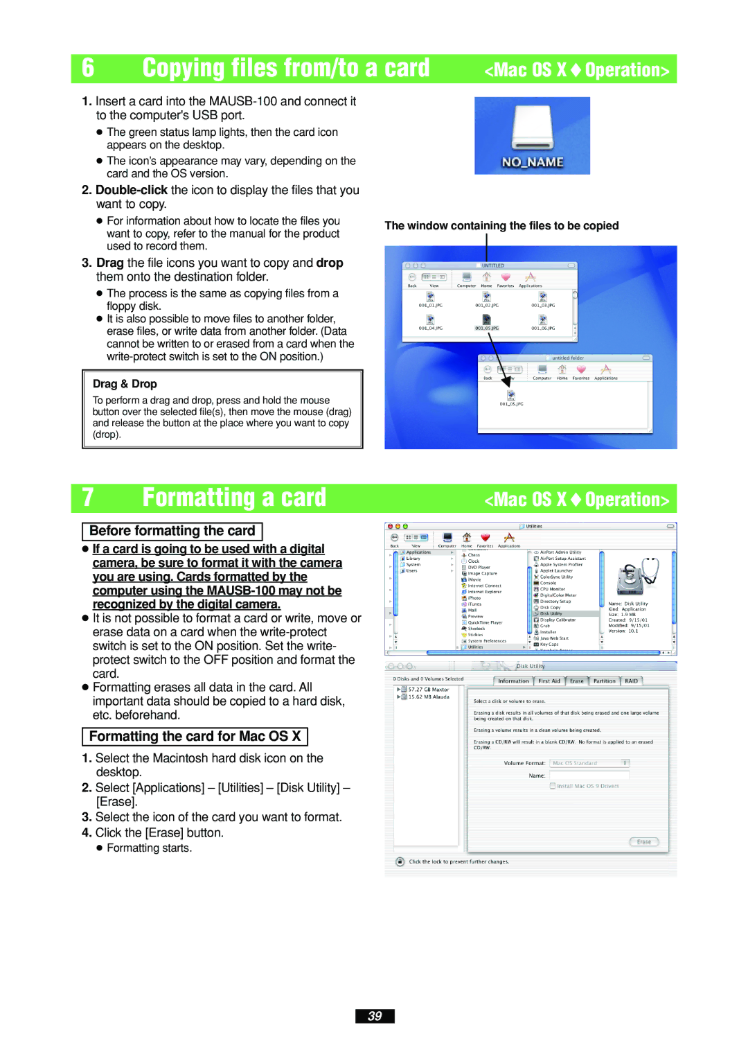 Olympus MAUSB-100 manual Copying files from/to a card, Formatting the card for Mac OS 