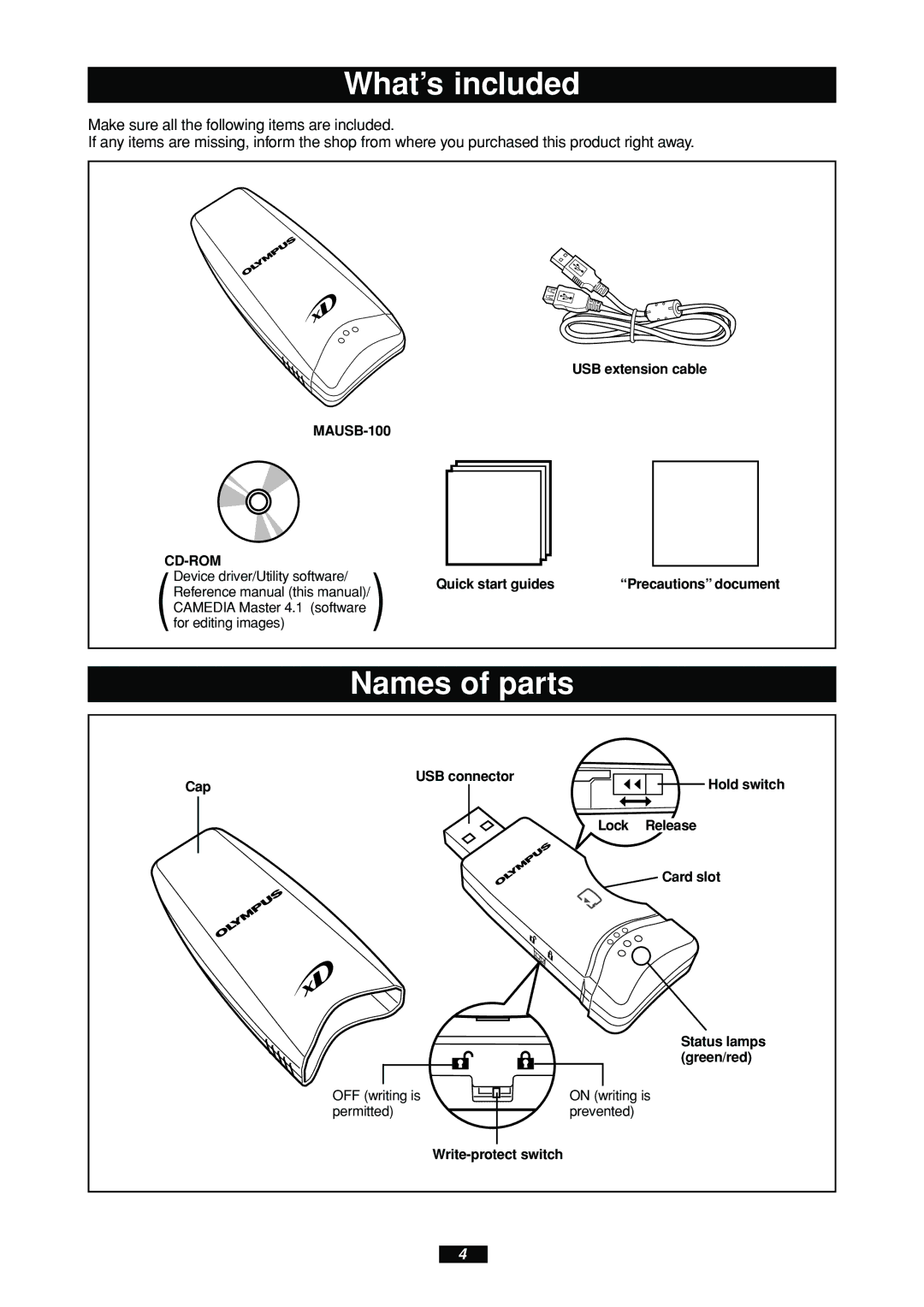 Olympus MAUSB-100 manual What’s included, Names of parts 