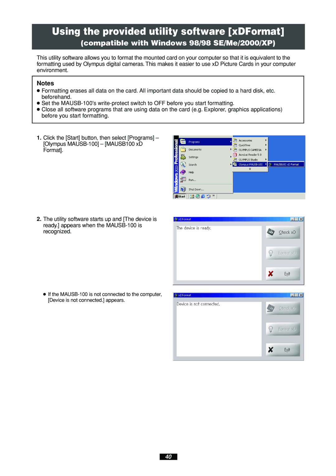 Olympus MAUSB-100 manual Using the provided utility software xDFormat, Compatible with Windows 98/98 SE/Me/2000/XP 