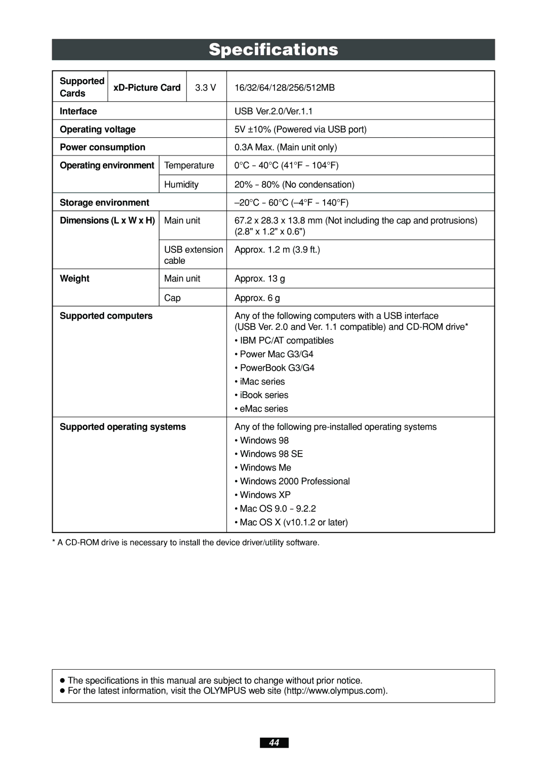 Olympus MAUSB-100 manual Specifications 