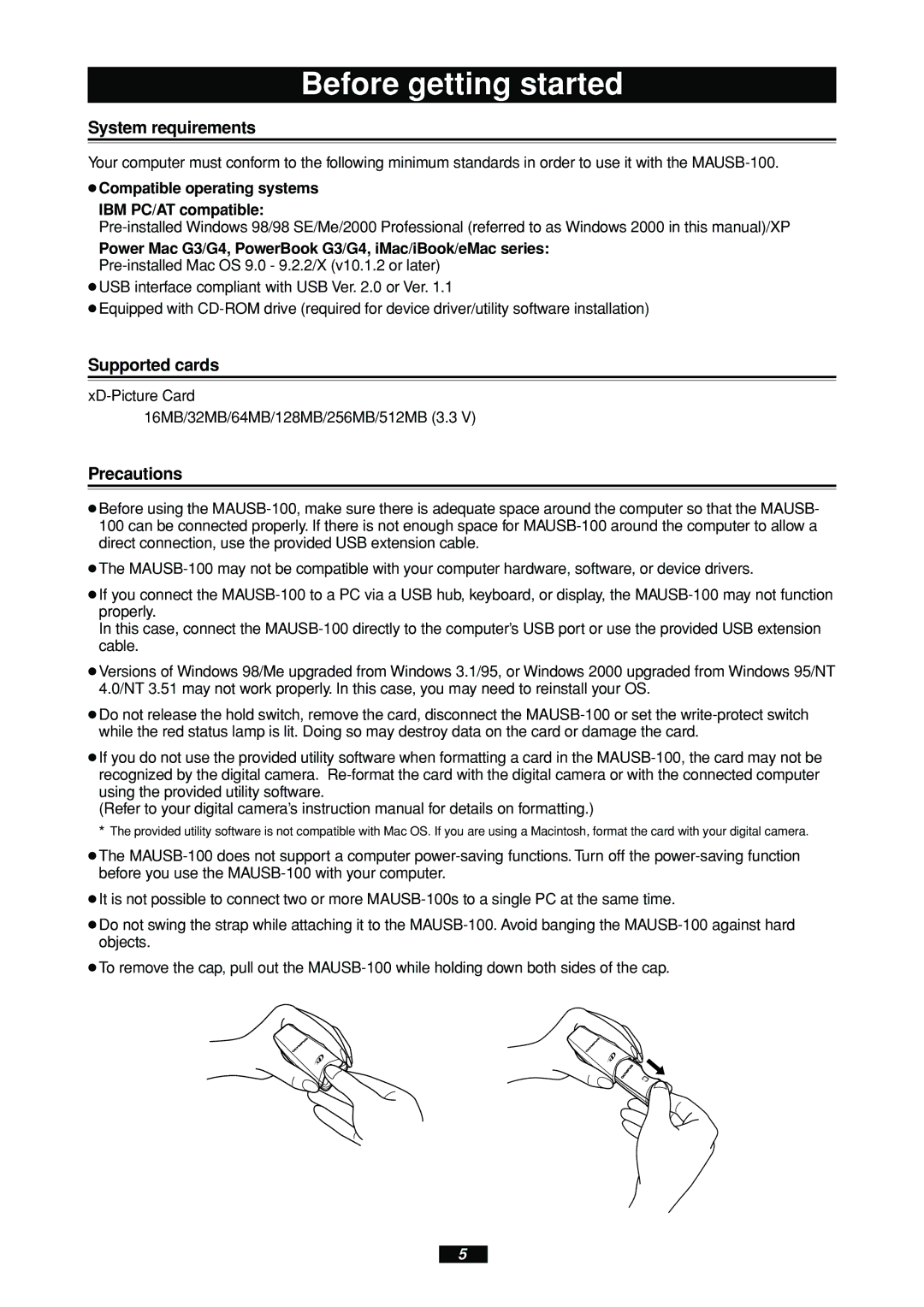 Olympus MAUSB-100 manual Before getting started, System requirements, Supported cards, Precautions 