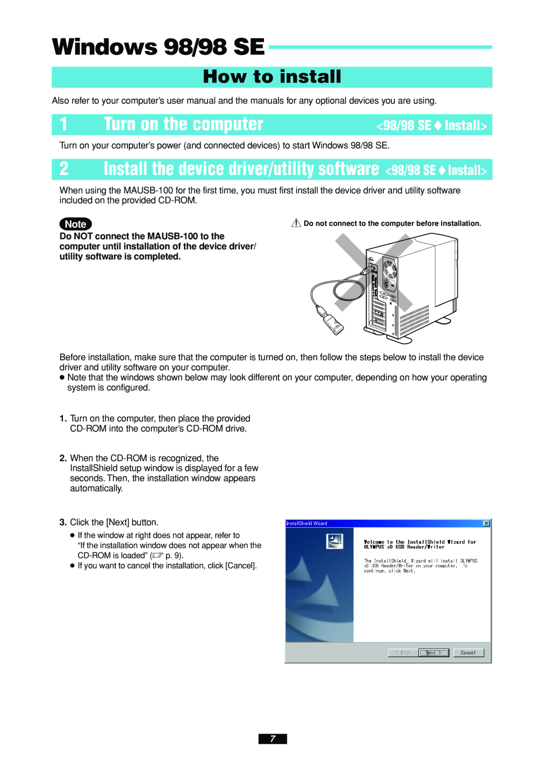 Olympus MAUSB-100 manual Turn on the computer, 98/98 SE Install 