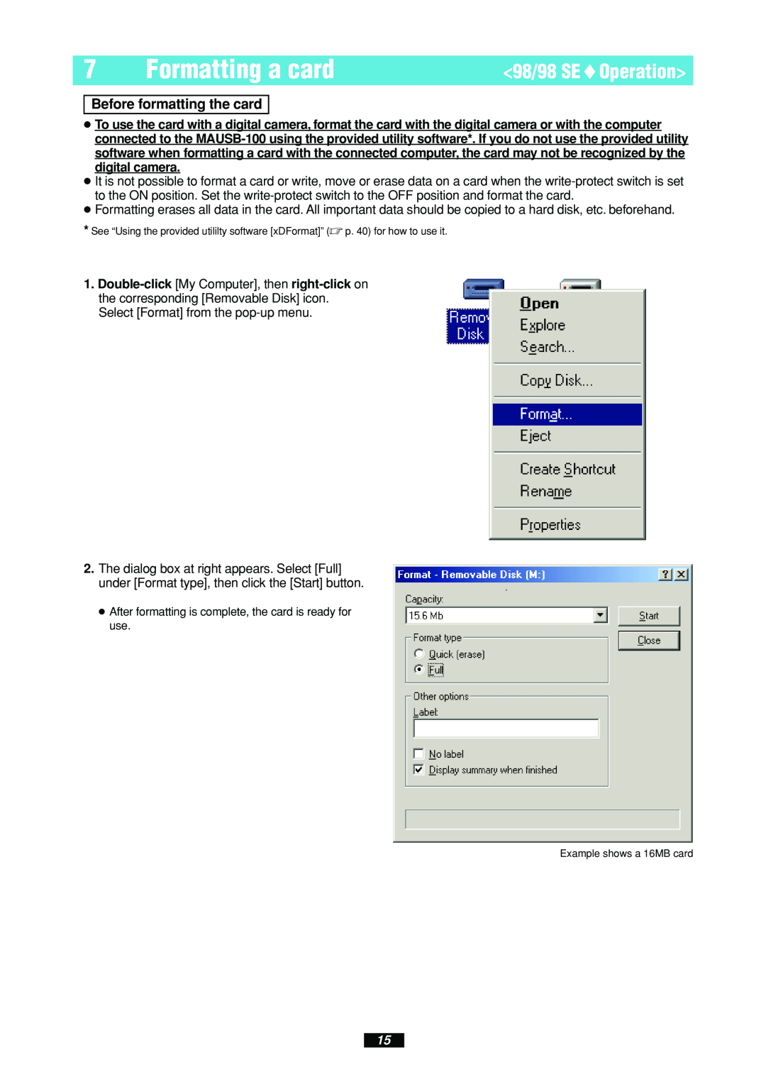 Olympus MAUSB-100 manual Formatting a card, 98/98 SE Operation, Before formatting the card 
