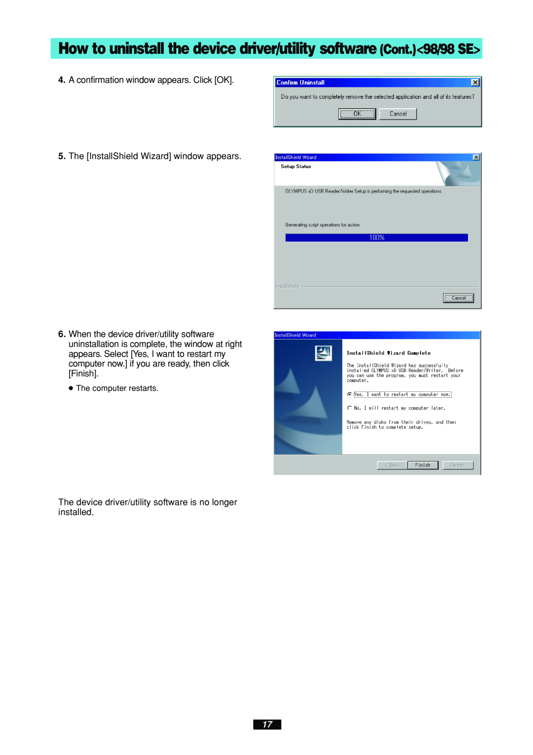 Olympus MAUSB-100 manual How to uninstall the device driver/utility software Cont.98/98 SE 