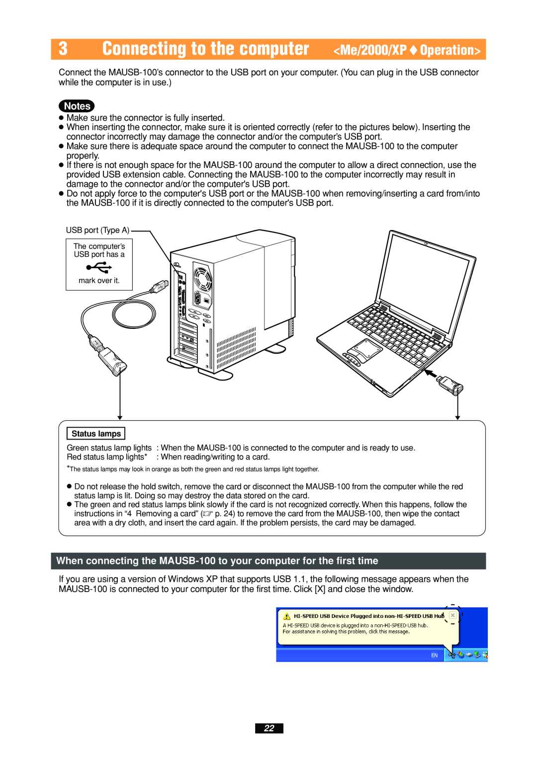 Olympus MAUSB-100 manual Connecting to the computer Me/2000/XP  Operation 
