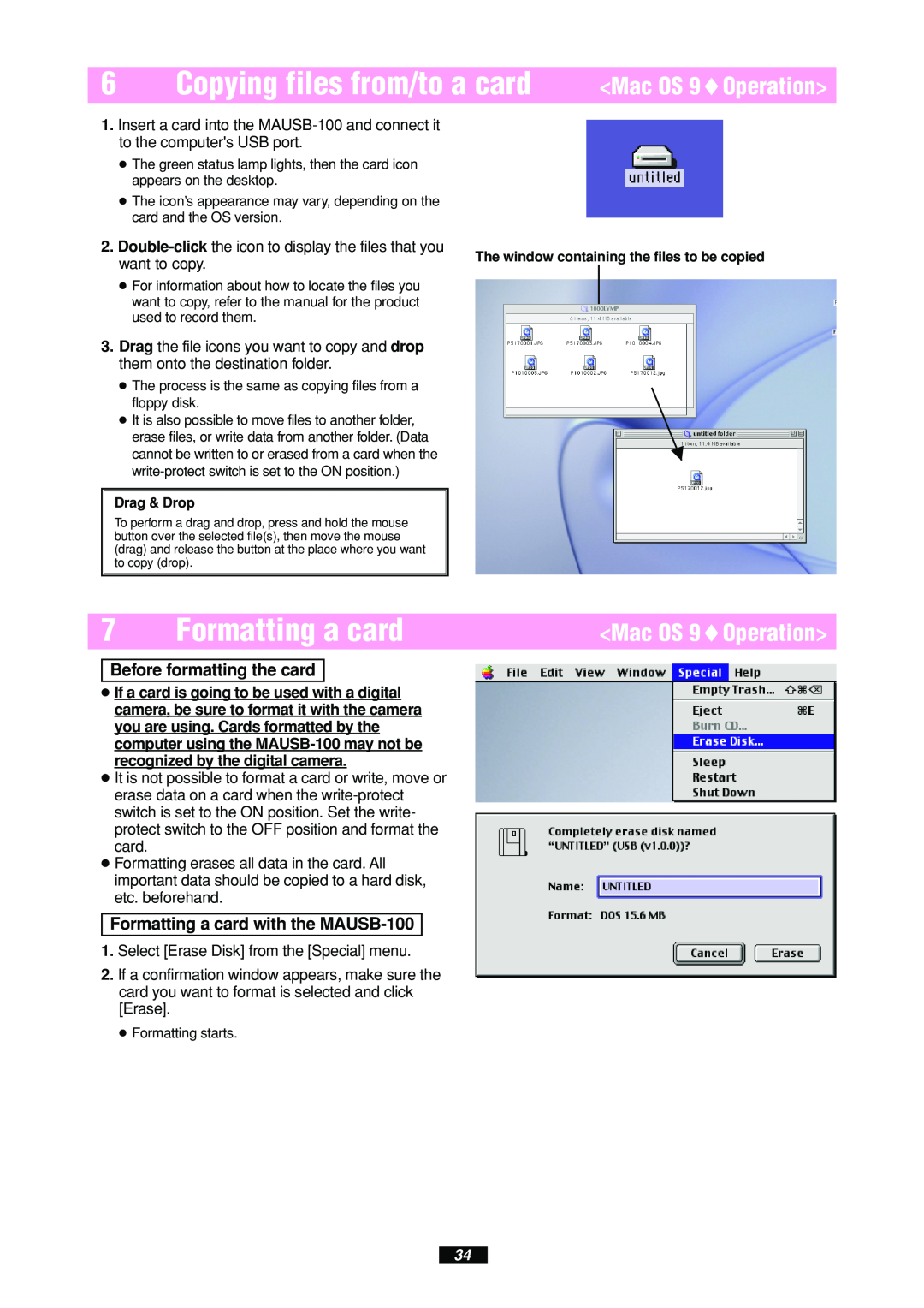Olympus manual Copying files from/to a card Mac OS 9Operation, Formatting a card with the MAUSB-100 